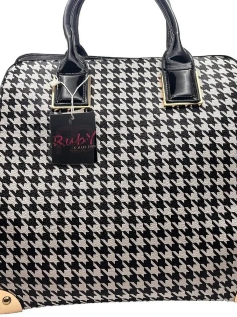 Ruby Collection Houndstooth Satchel Black White Bowler Handbag Gold Trim USA NWT